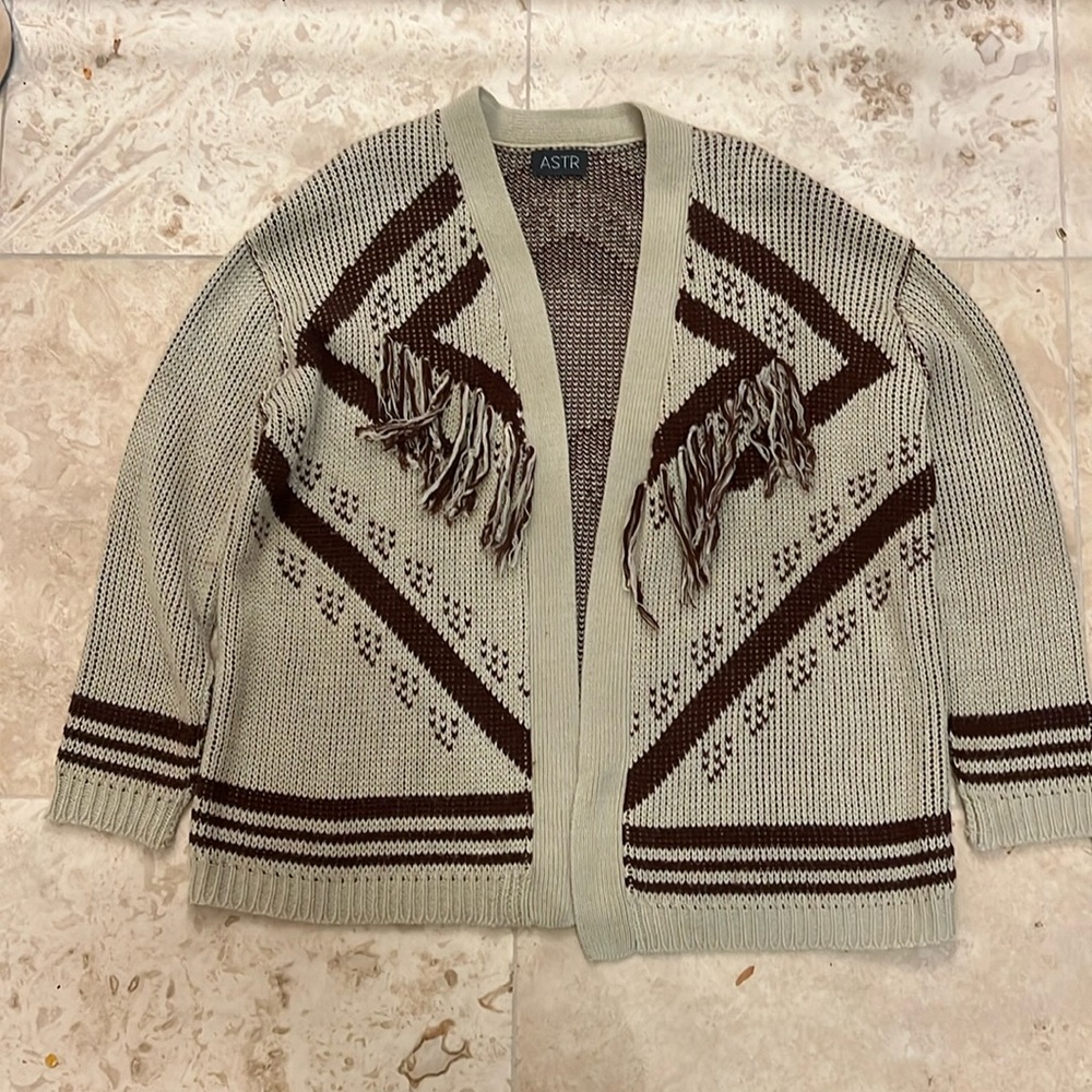 Astr brown and‎ cream cardigan with fringe size large.